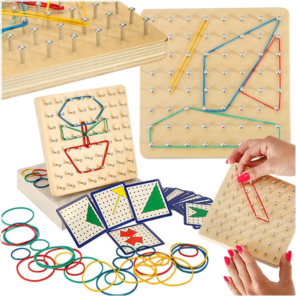 Geoboard träplatta med spikar, 40 gummiband & 24 mönsterkort