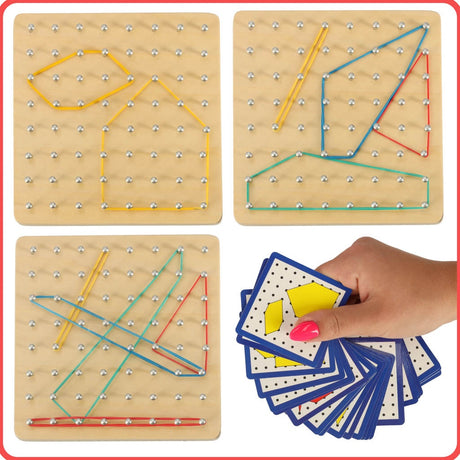 Geoboard träplatta med spikar, 40 gummiband & 24 mönsterkort