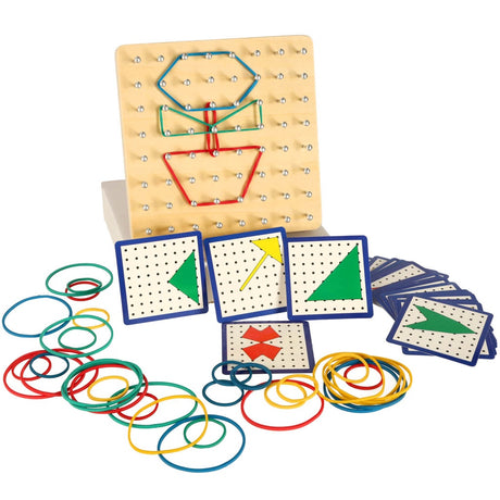 Geoboard träplatta med spikar, 40 gummiband & 24 mönsterkort