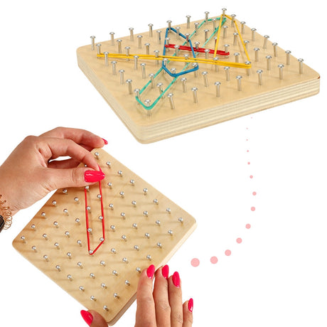 Geoboard träplatta med spikar, 40 gummiband & 24 mönsterkort