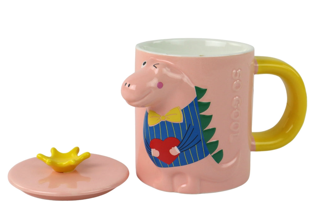 Glasmugg med teinfuser 400 ml rosa, dinosauriemotiv, lock och sked
