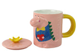Glasmugg med teinfuser 400 ml rosa, dinosauriemotiv, lock och sked
