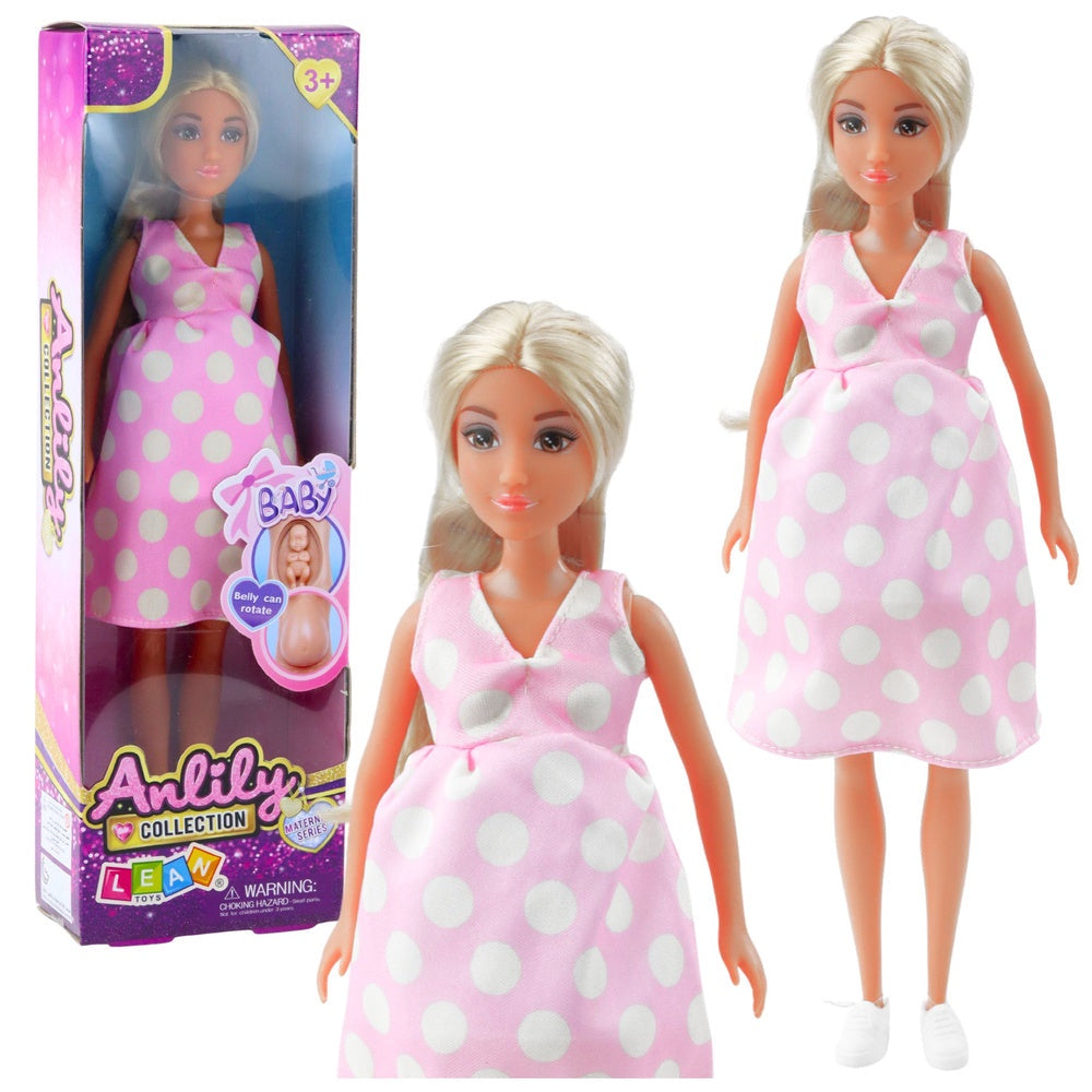 Graviddocka 30 cm med avtagbar mage och bebis, rosa klänning