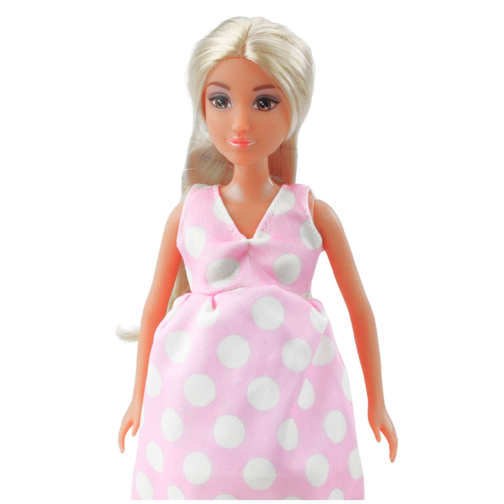 Graviddocka 30 cm med avtagbar mage och bebis, rosa klänning