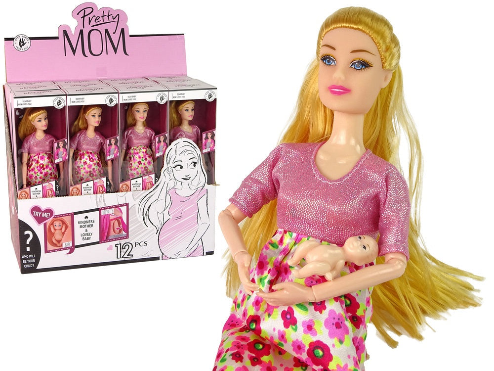 Gravid docka 30 cm med bebis i magen, rörliga lemmar, rosa klänning