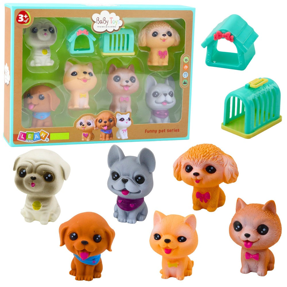 Gummihundfigurer set 6-pack med hundkoja och transportbur, ca 8 cm
