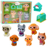 Gummihundfigurer set 6-pack med hundkoja och transportbur, ca 8 cm