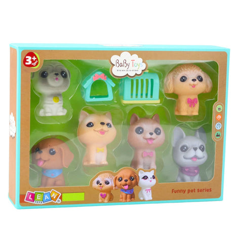 Gummihundfigurer set 6-pack med hundkoja och transportbur, ca 8 cm