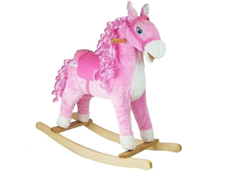 Gungande häst i plysch rosa med ljud och rörlig mun/svans 74 cm