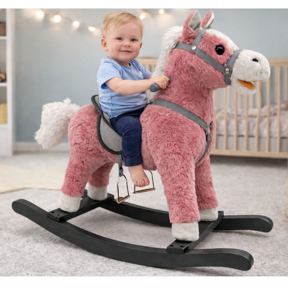 Gungande häst med ljud 74 cm plysch rosa med sadel och handtag
