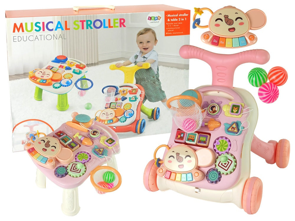 Gåvagn gåbord 2i1 med aktivitetsbord och piano rosa 12+ mån
