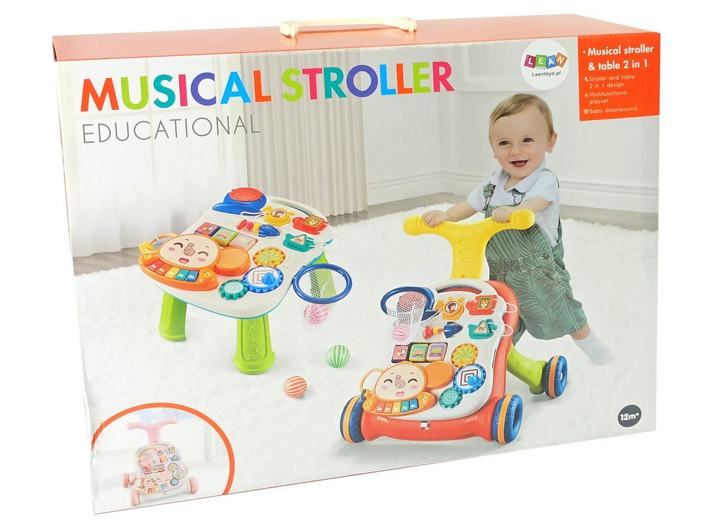 Gåvagn gåbord 2i1 med aktivitetsbord och piano rosa 12+ mån