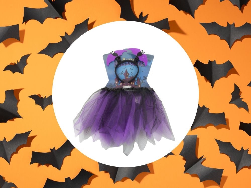 Halloweenkostym barn kjol + hårband fladdermus svart/lila