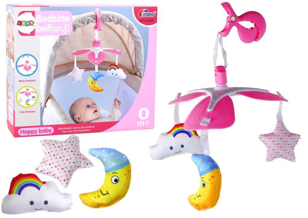 Hängande barnmobil med klipp plysch rosa 3 figurer måne moln stjärna