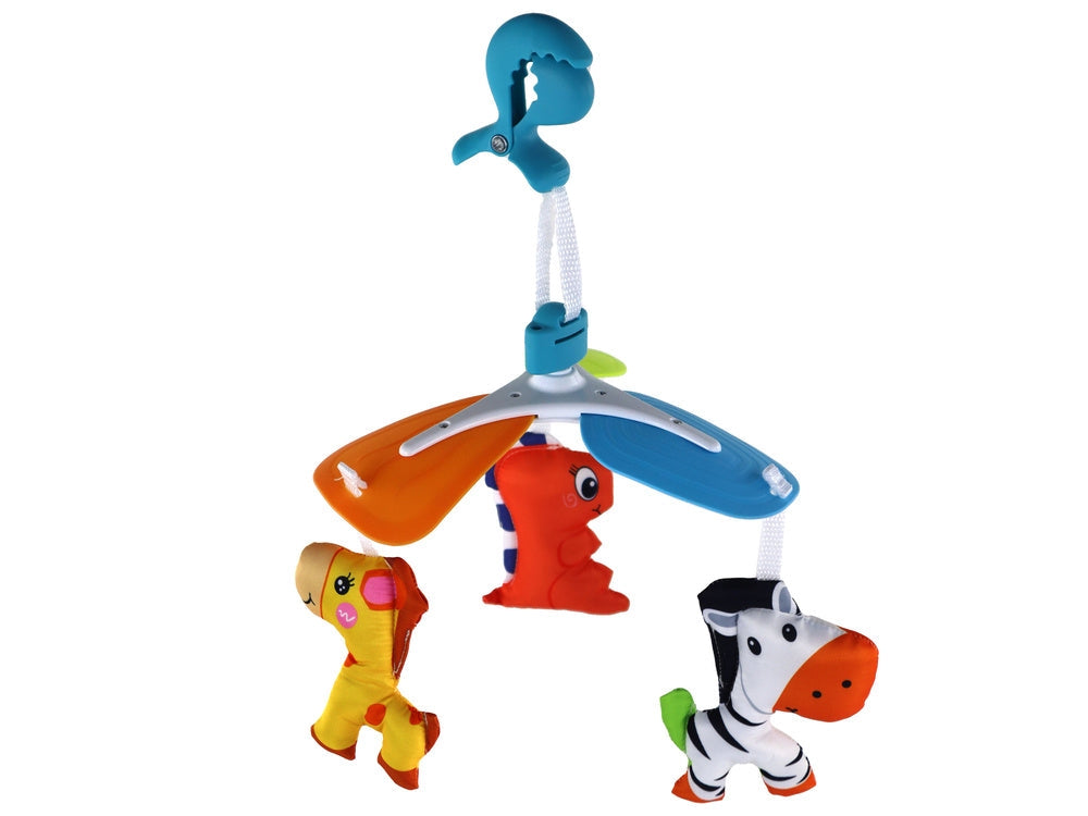 Hängande barnvagnsmobil med klämma 3 plyschdjur giraff/dino/zebra