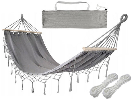 Hängmatta grå 200x100 cm med cover 2 fästrep och bärväska