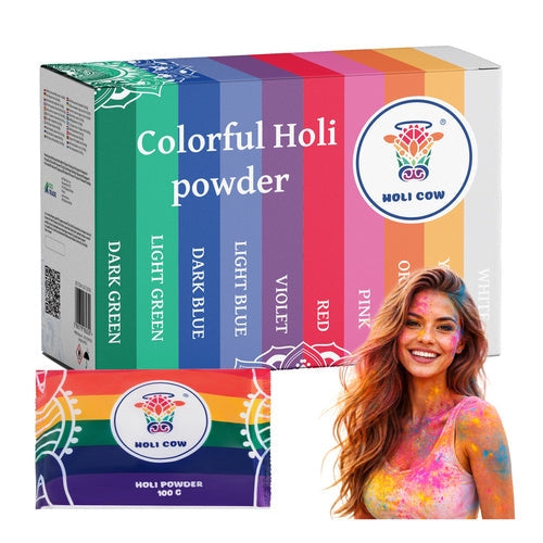 Holi färgpulver set 10x100 g påsar, 10 färger för fest och fotosession