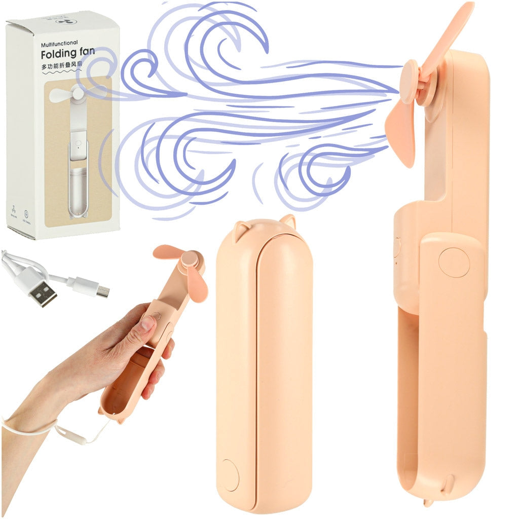 Hopfällbar mini handfläkt USB-C 3 hastigheter powerbank 1200 mAh rosa