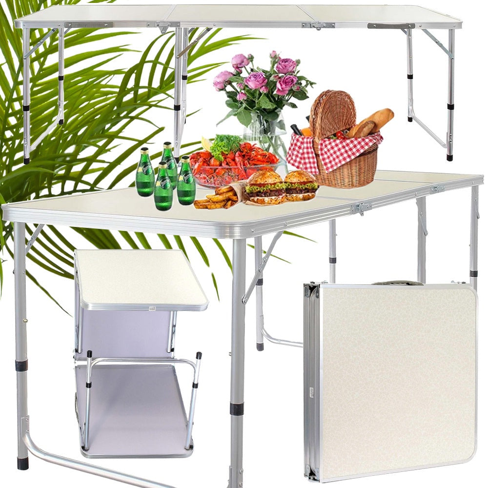 Hopfällbart campingbord 180x60 cm justerbar höjd creme