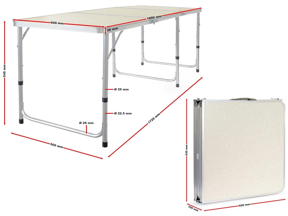 Hopfällbart campingbord 180x60 cm justerbar höjd creme