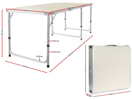 Hopfällbart campingbord 180x60 cm justerbar höjd creme