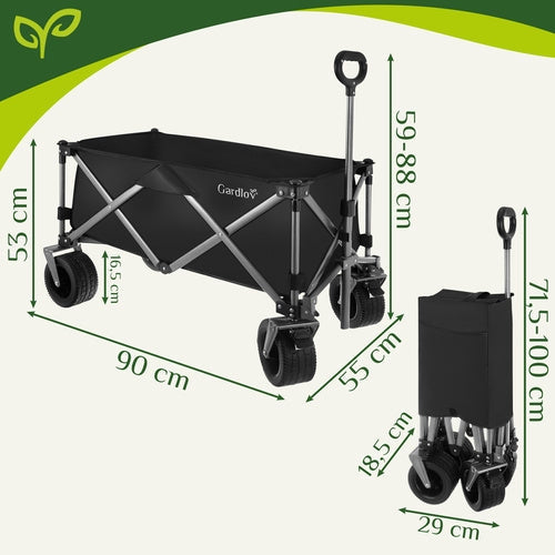 Hopfällbar transportvagn 150L 200kg off-road hjul broms svart