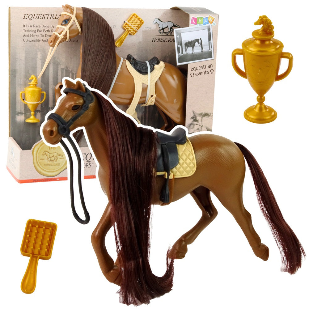 Hästfigur med tillbehör brun med ljus man 28 cm sadel träns borste kopp