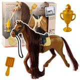 Hästfigur med tillbehör brun med ljus man 28 cm sadel träns borste kopp