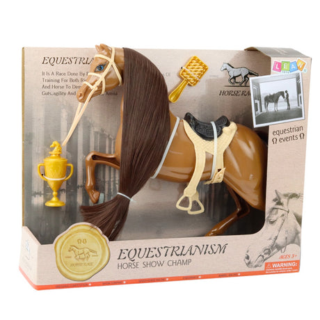 Hästfigur med tillbehör brun med ljus man 28 cm sadel träns borste kopp