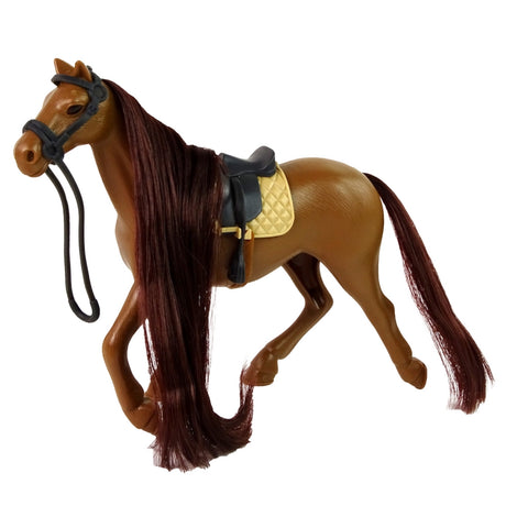 Hästfigur med tillbehör brun med ljus man 28 cm sadel träns borste kopp