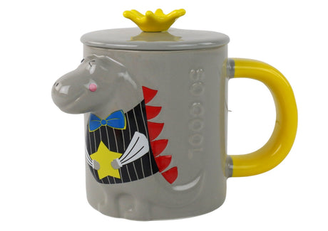 Infusermugg i glas 400 ml med lock och sked, grå 3D-dinosaurie