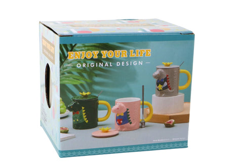 Infusermugg i glas 400 ml med lock och sked, grå 3D-dinosaurie