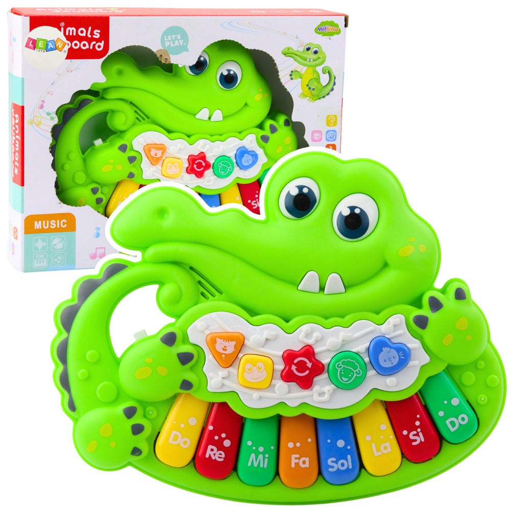 Interaktivt krokodilpiano leksak med LED, 3 lägen (piano/djurläten/melodier)