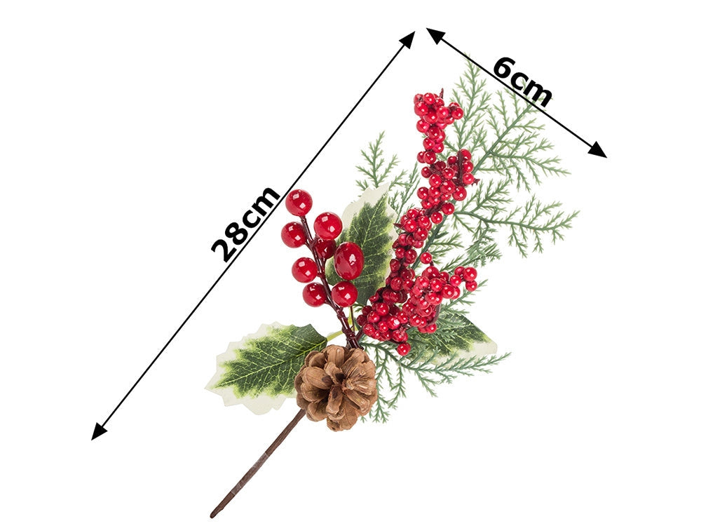 Juldekoration kvist med rönnbär och kotte, plast, höjd 28 cm