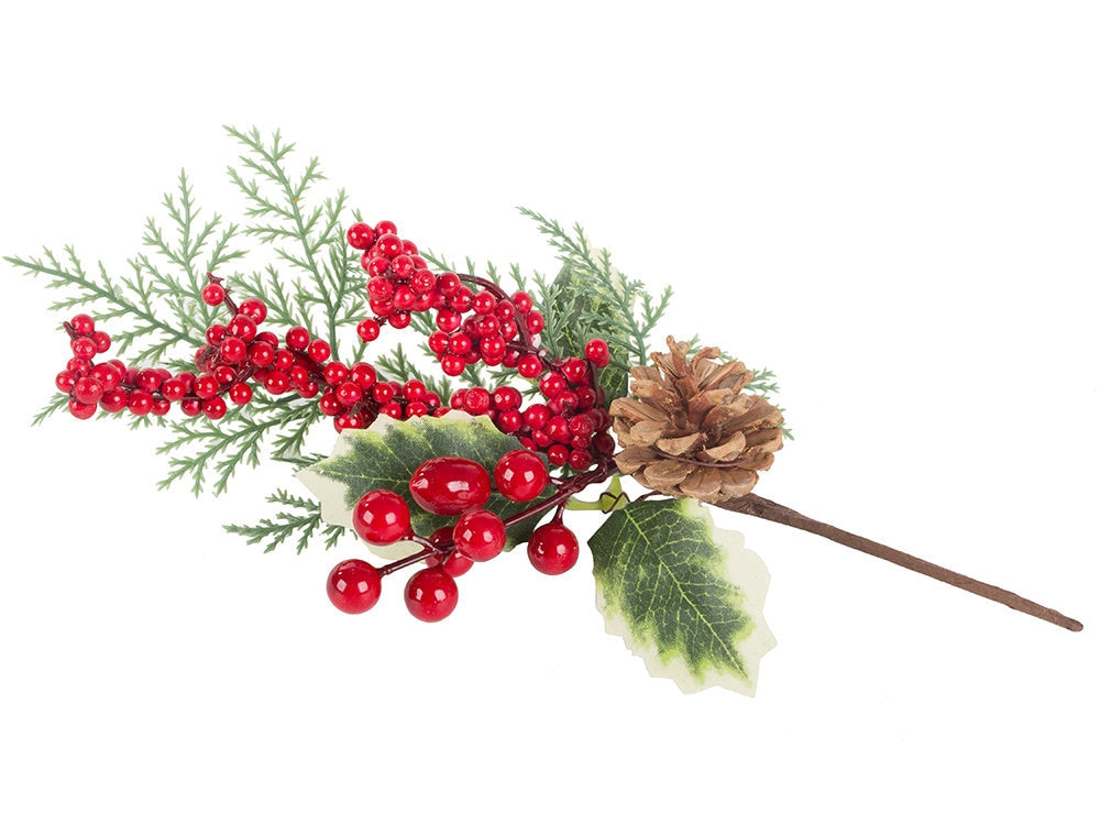 Juldekoration kvist med rönnbär och kotte, plast, höjd 28 cm