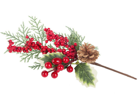 Juldekoration kvist med rönnbär och kotte, plast, höjd 28 cm