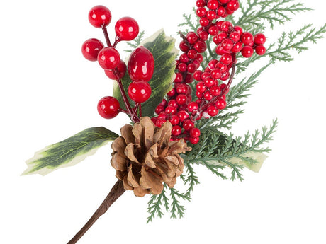 Juldekoration kvist med rönnbär och kotte, plast, höjd 28 cm