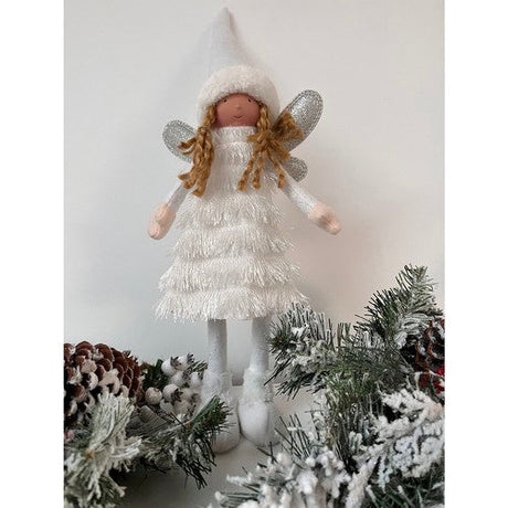 Julfigur stående älva 40 cm vit/silver med glittervingar