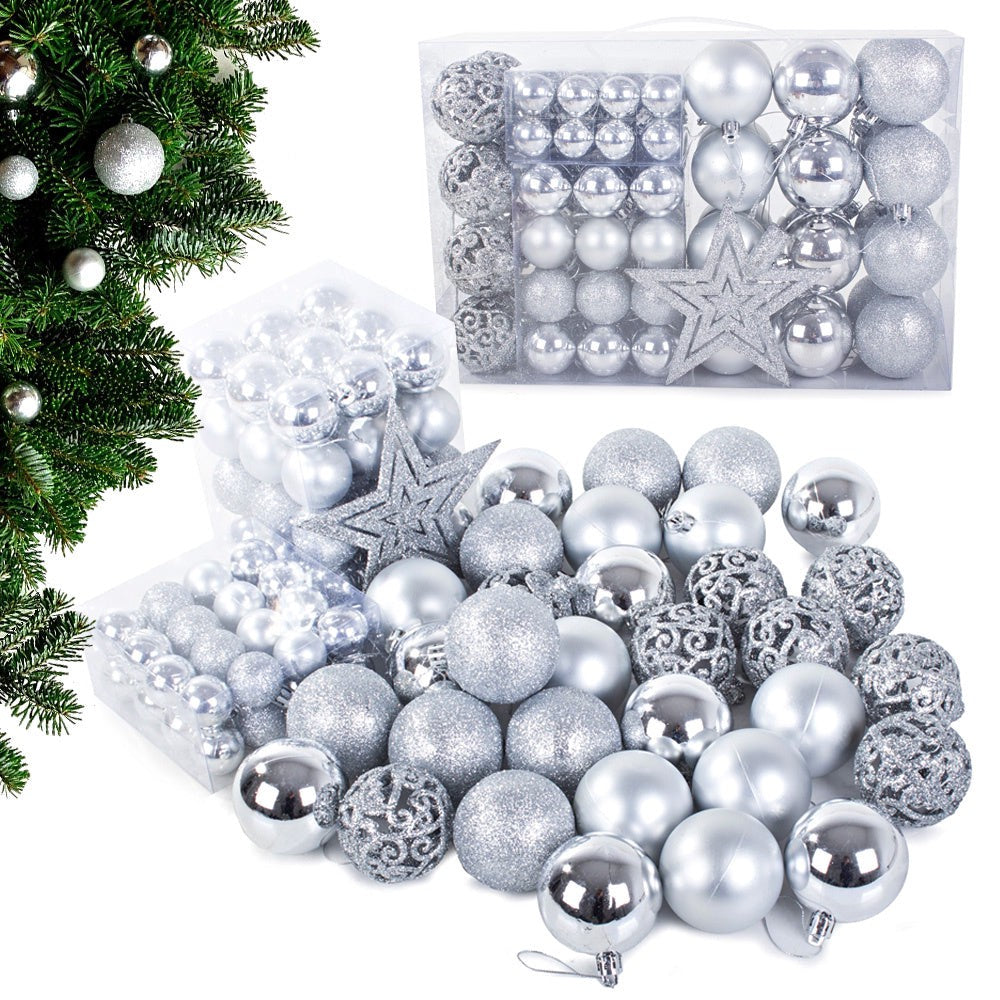 Julgranskulor plast silver 100-pack med Bethlehemstjärna 30-60 mm