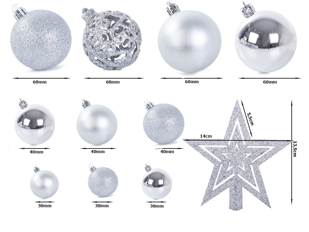 Julgranskulor plast silver 100-pack med Bethlehemstjärna 30-60 mm