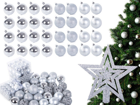 Julgranskulor plast silver 100-pack med Bethlehemstjärna 30-60 mm