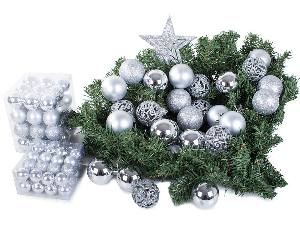 Julgranskulor plast silver 100-pack med Bethlehemstjärna 30-60 mm