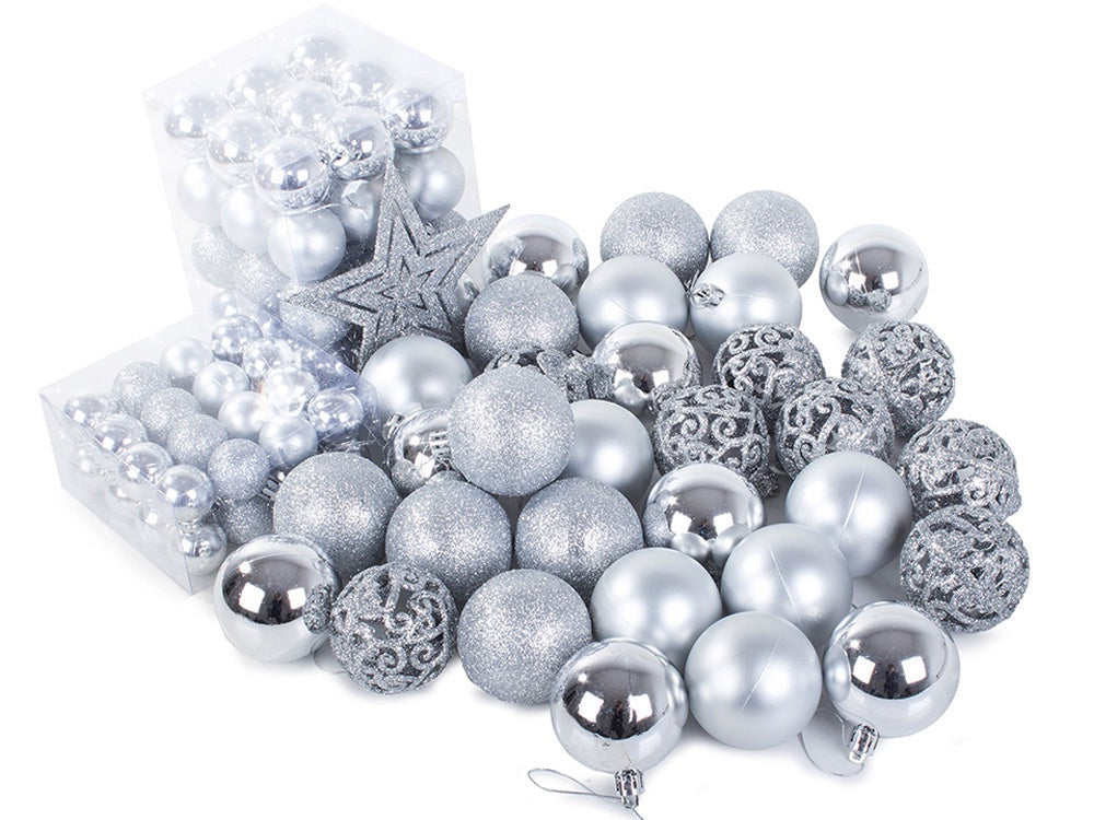 Julgranskulor plast silver 100-pack med Bethlehemstjärna 30-60 mm