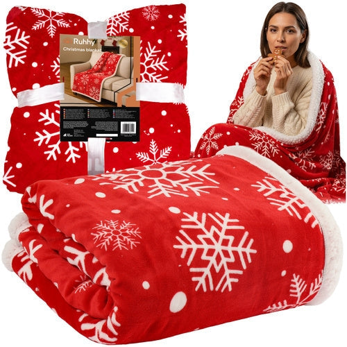 Julpläd 130x170 cm dubbelsidig snöflinga lammpäls vit/röd
