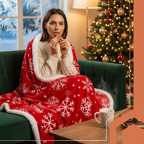 Julpläd 130x170 cm dubbelsidig snöflinga lammpäls vit/röd