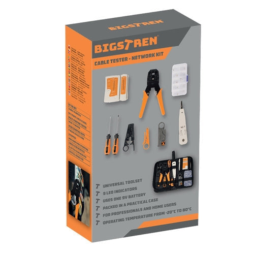 Kabeltestare kit RJ45/RJ11 med crimptång, stripper och 10 RJ45-kontakter