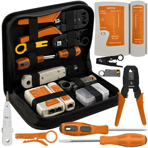 Kabeltestare kit RJ45/RJ11 med crimptång, stripper och 10 RJ45-kontakter