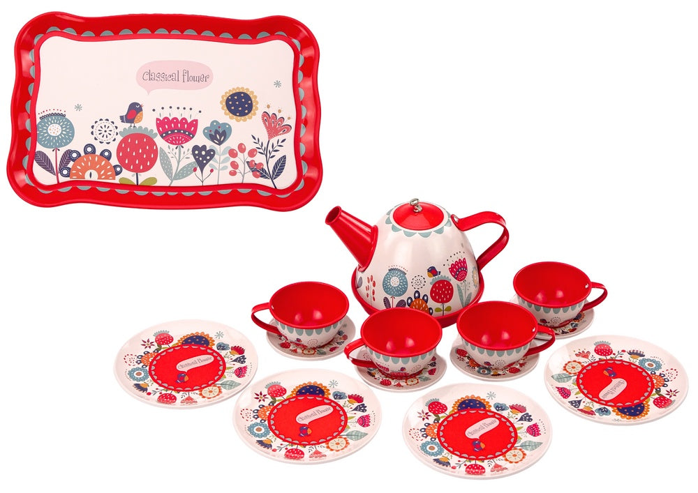 Kaffeservis leksak röd med blommor 14 delar, 4 koppar, tekanna, bricka