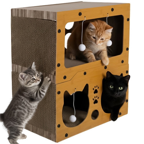 Kattklösträd 2 våningar med 4 bollar HDF 51,5x45,5x28 cm