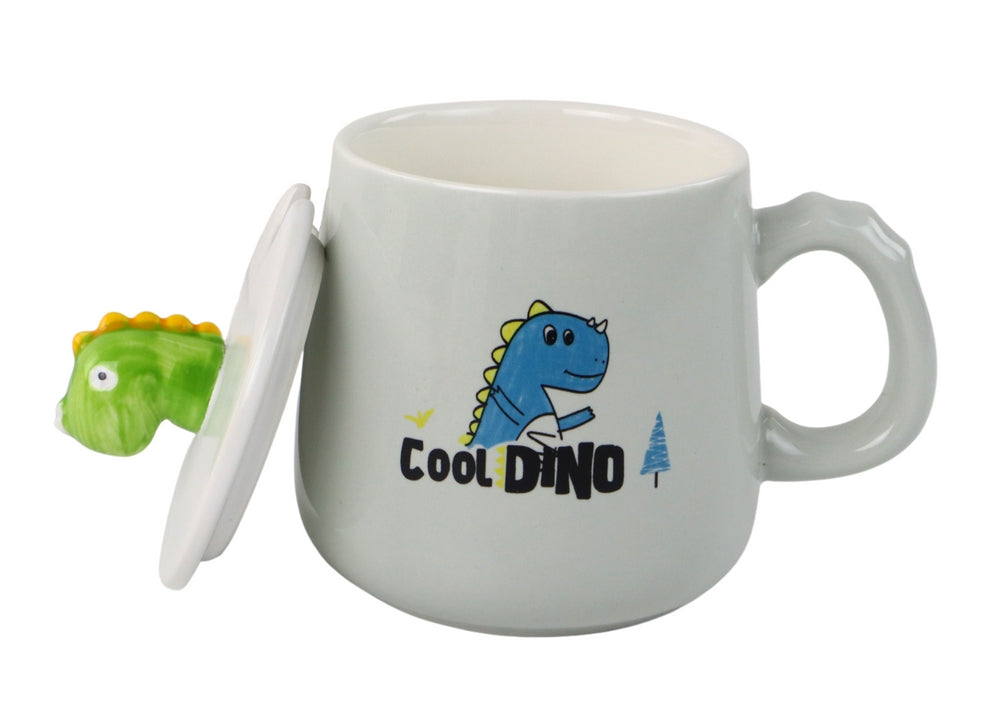 Keramikmugg dinosaurie 350 ml med lock, metallsked och handtag